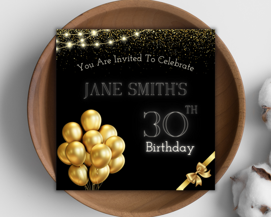 Personalised Black and Gold Birthday Party Invitation