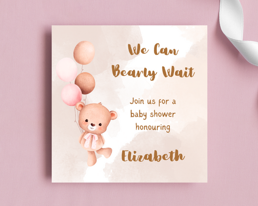 Personalised Pink Bear Baby Shower Invitation
