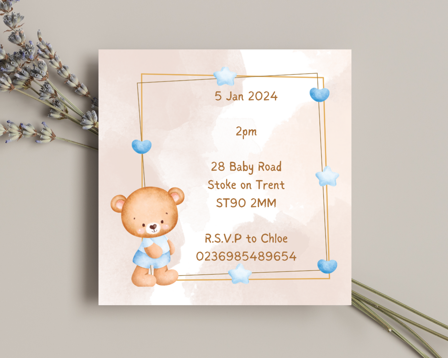 Personalised Blue Bear Baby Shower Invitation